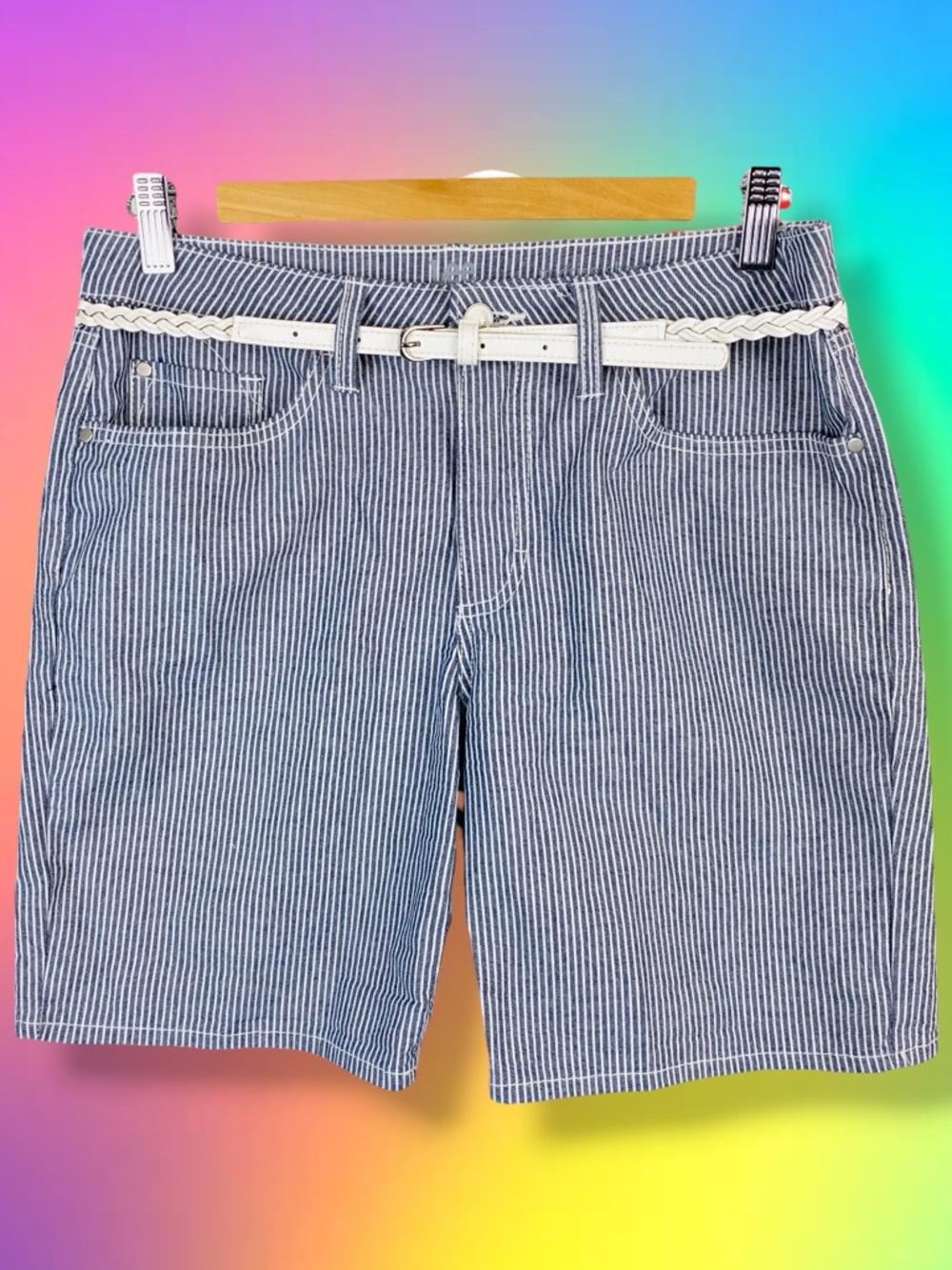Lee Vintage Navy & White Belted Cuffed Yarn Dyed Midrise Striped Bermuda Shorts